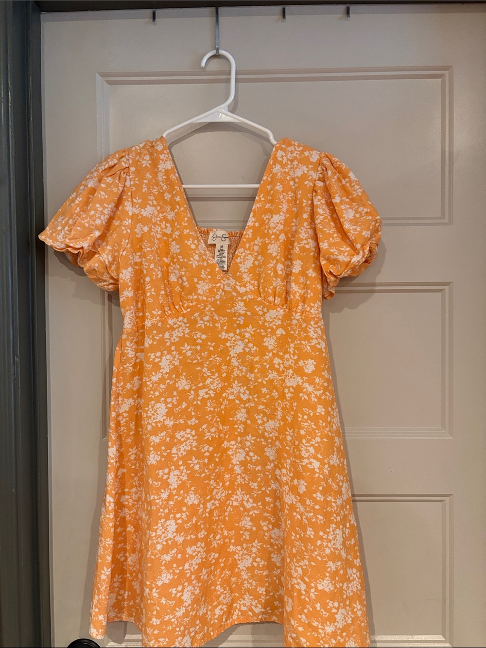 Jessica Simpson Orange Floral V-Neck Puff-Sleeve Mini Dress